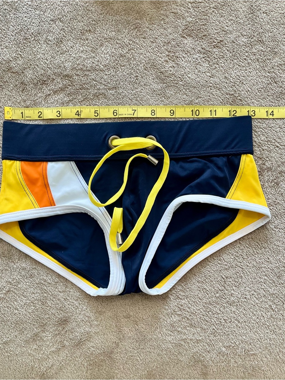 Men's Navy Colorblock Squarecut Swim Trunks with Yellow Drawcord - Picture 4 of 5